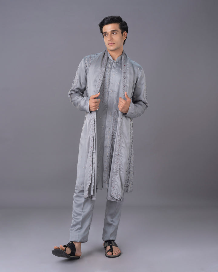 Ethereal Grey Embroidred Silk Kurta Set