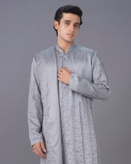 Ethereal Grey Embroidred Silk Kurta Set