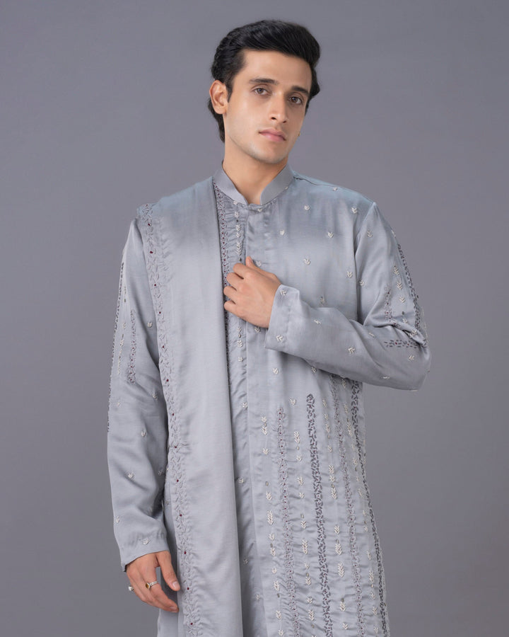 Ethereal Grey Embroidred Silk Kurta Set