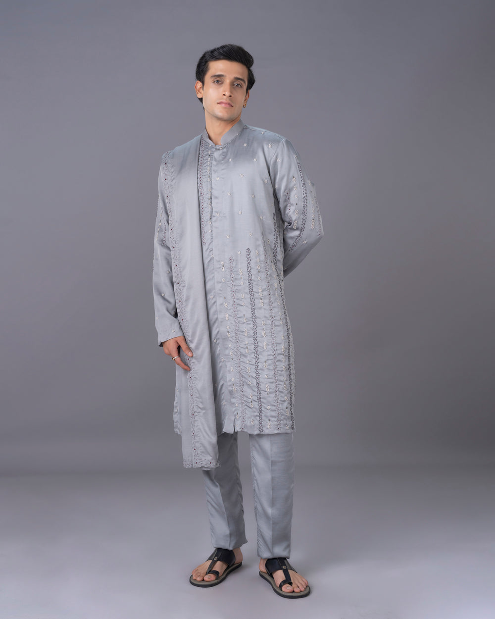 Ethereal Grey Embroidred Silk Kurta Set