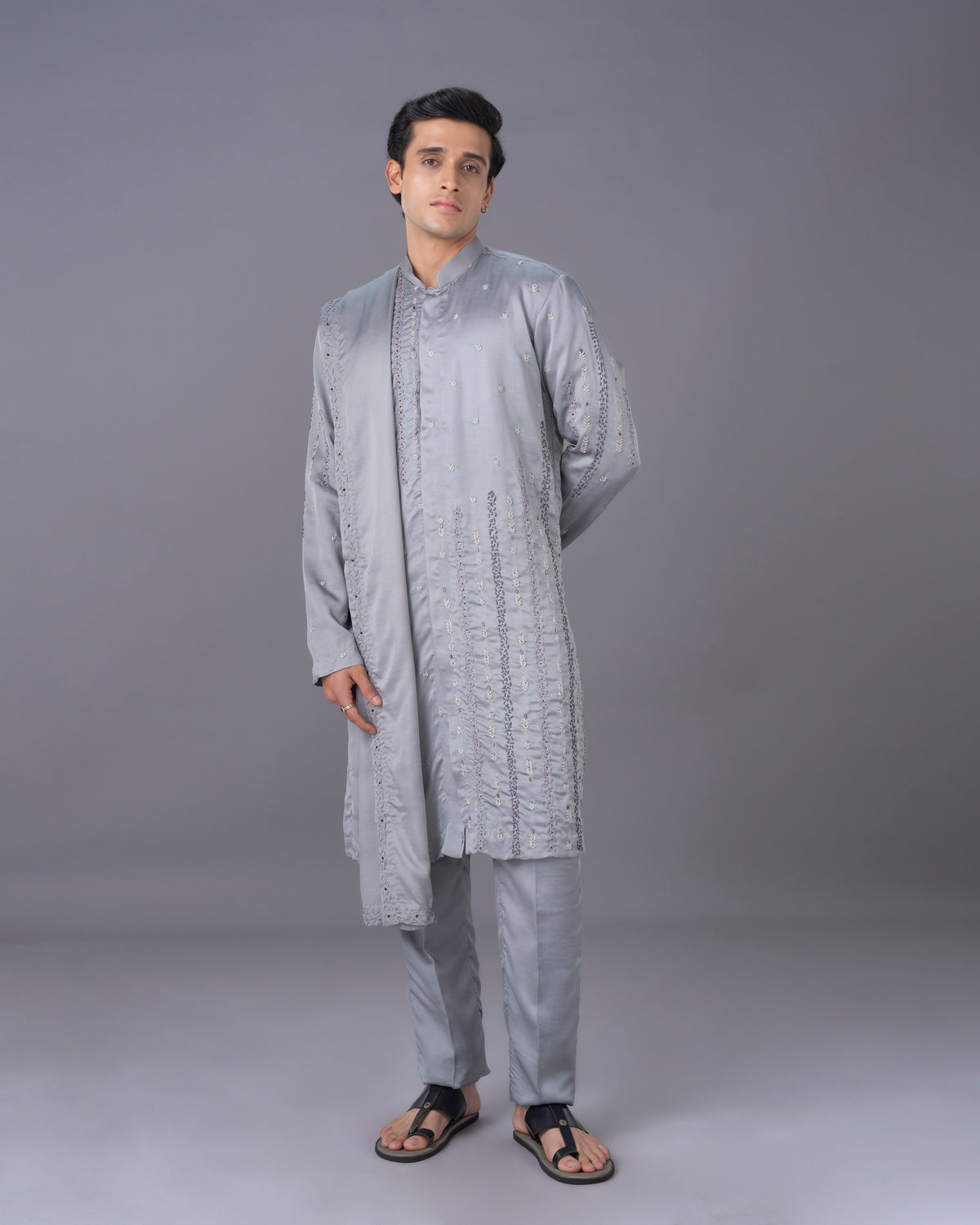 Ethereal Grey Embroidred Silk Kurta Set