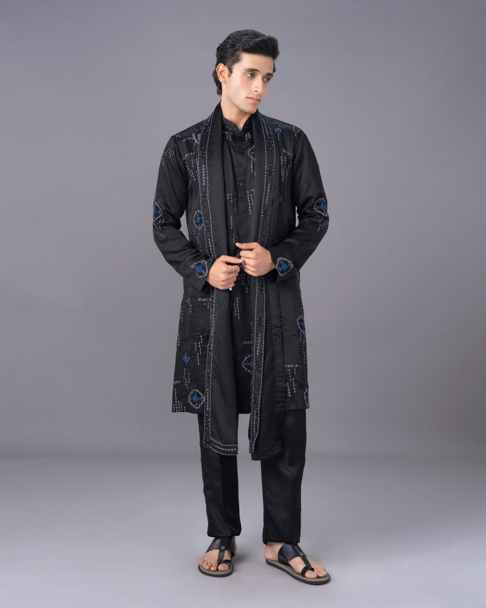 Men’s black Munga silk kurta set paired with dupatta – KoraNm
