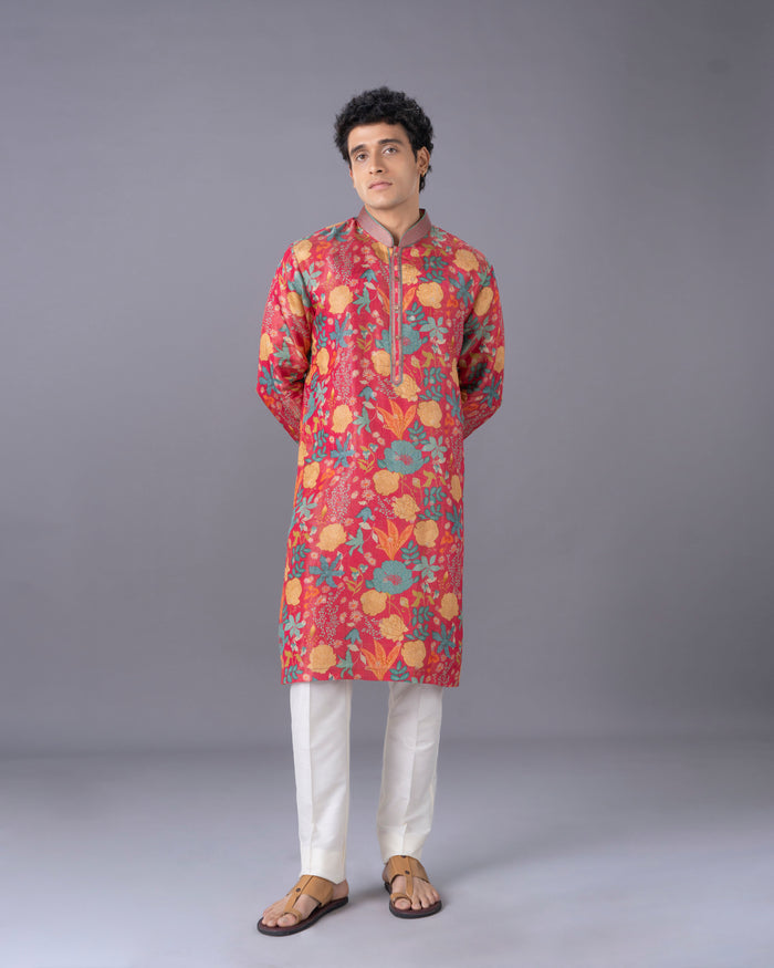 Pink Floral Printed Silk Kurta Set