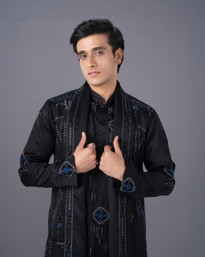 Black embroidered Munga silk kurta set with Aligarhi bottom and dupatta – KoraNm