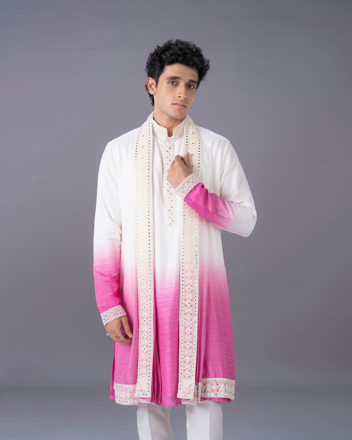 Cream & Pink Ombre Silk Kurta Set with Embroidery