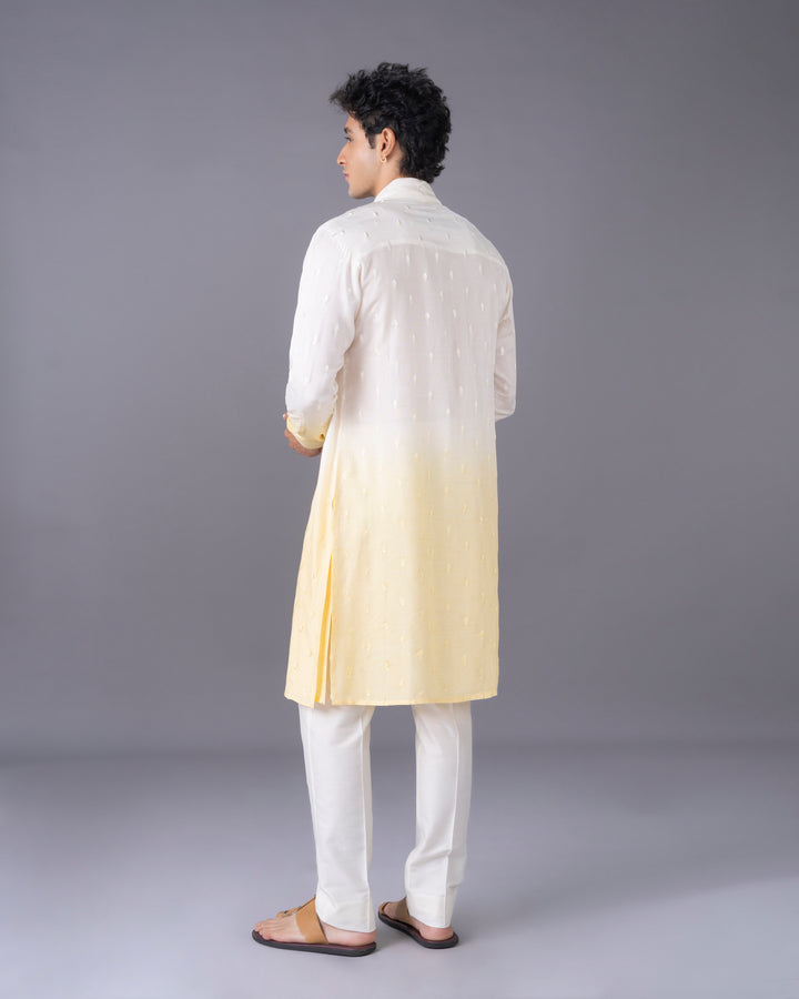 Cream & Yellow Ombre Silk Kurta Set with Embroidery