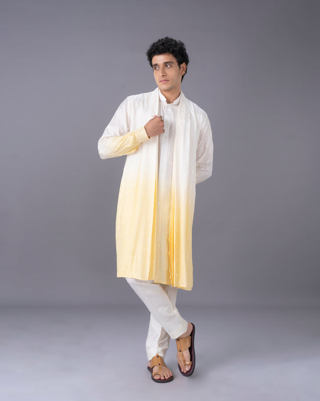Cream & Yellow Ombre Silk Kurta Set with Embroidery