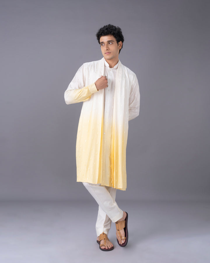 Cream & Yellow Ombre Silk Kurta Set with Embroidery