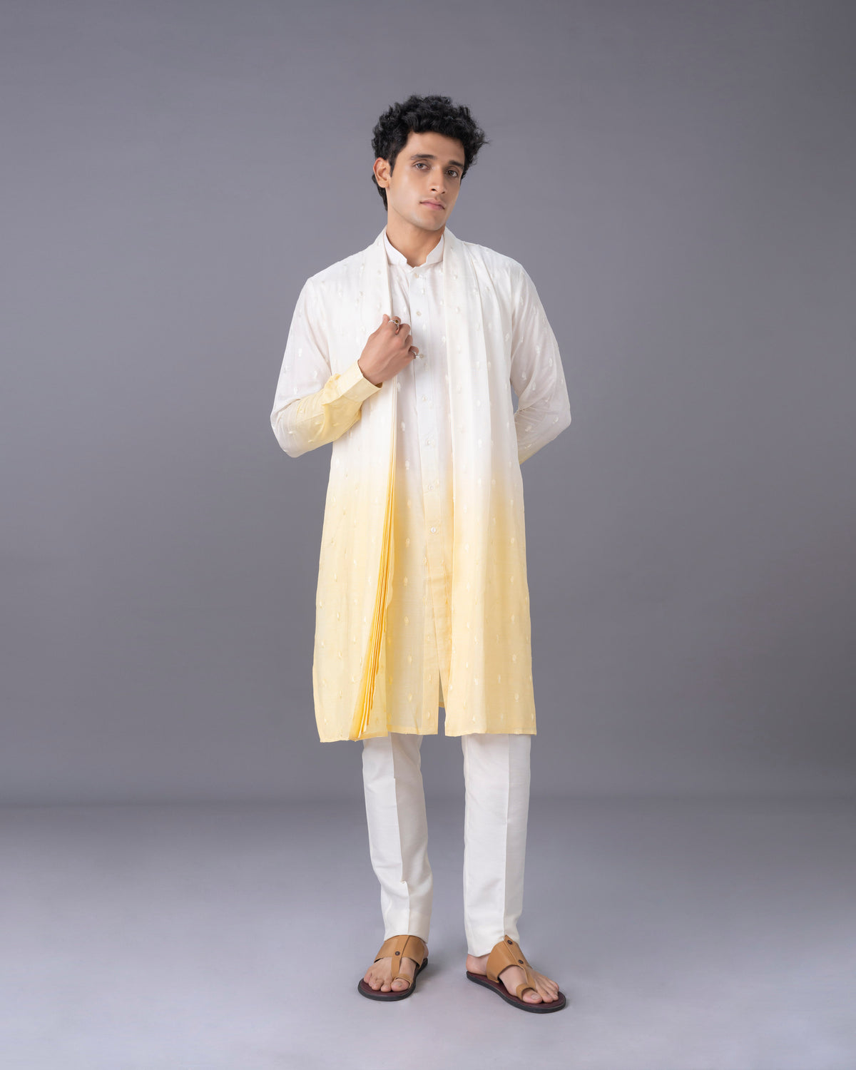 Cream & Yellow Ombre Silk Kurta Set with Embroidery