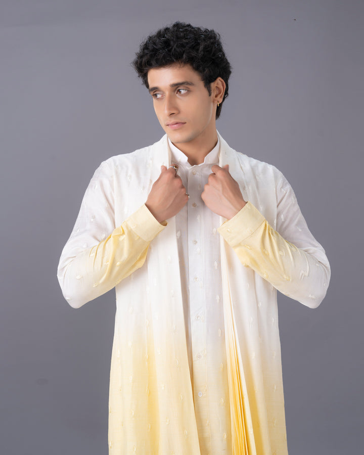Cream & Yellow Ombre Silk Kurta Set with Embroidery