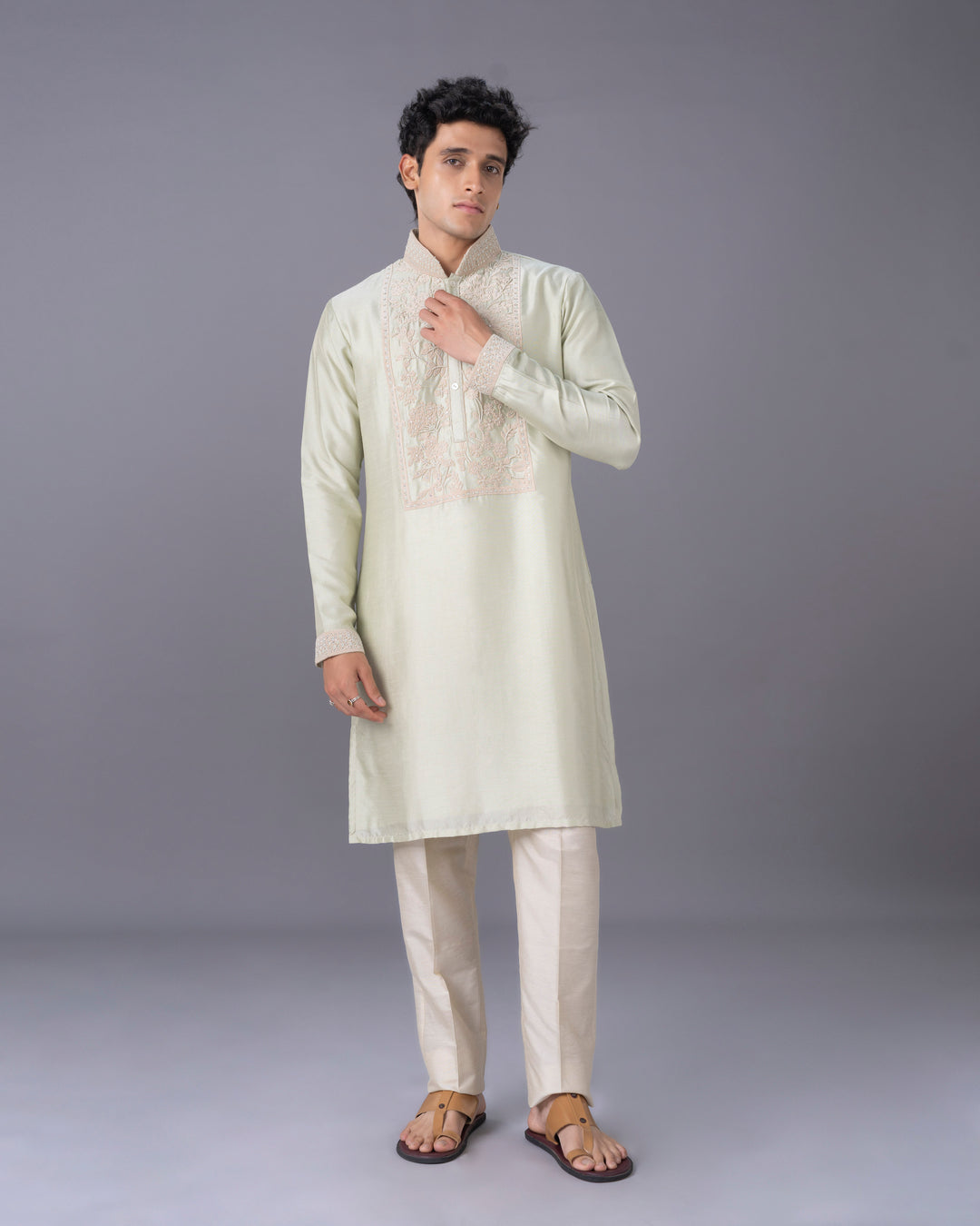 Pista Embroidered Silk Kurta Set with Alighari