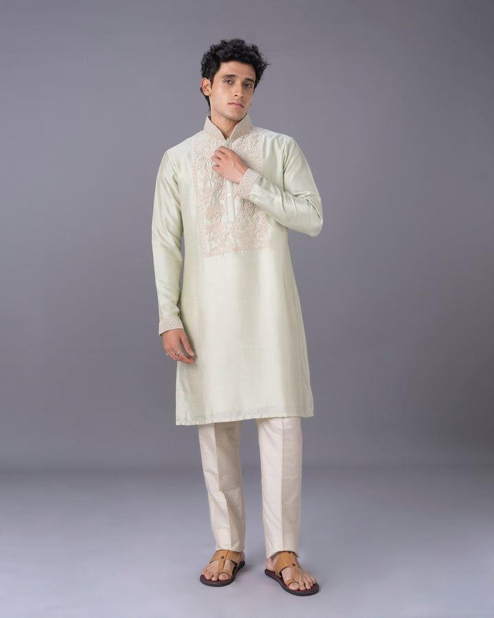 Pista Embroidered Silk Kurta Set with Alighari