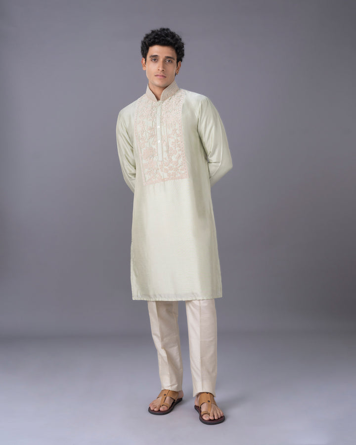 Pista Embroidered Silk Kurta Set with Alighari