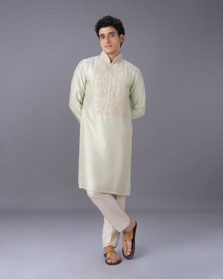 Pista Embroidered Silk Kurta Set with Alighari