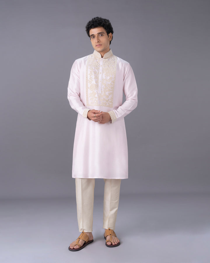 Pink Embroidered Silk Kurta Set with Alighari