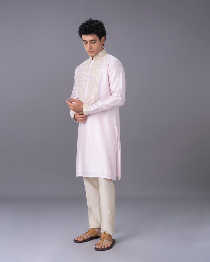 Pink Embroidered Silk Kurta Set with Alighari