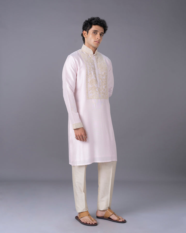 Pink Embroidered Silk Kurta Set with Alighari