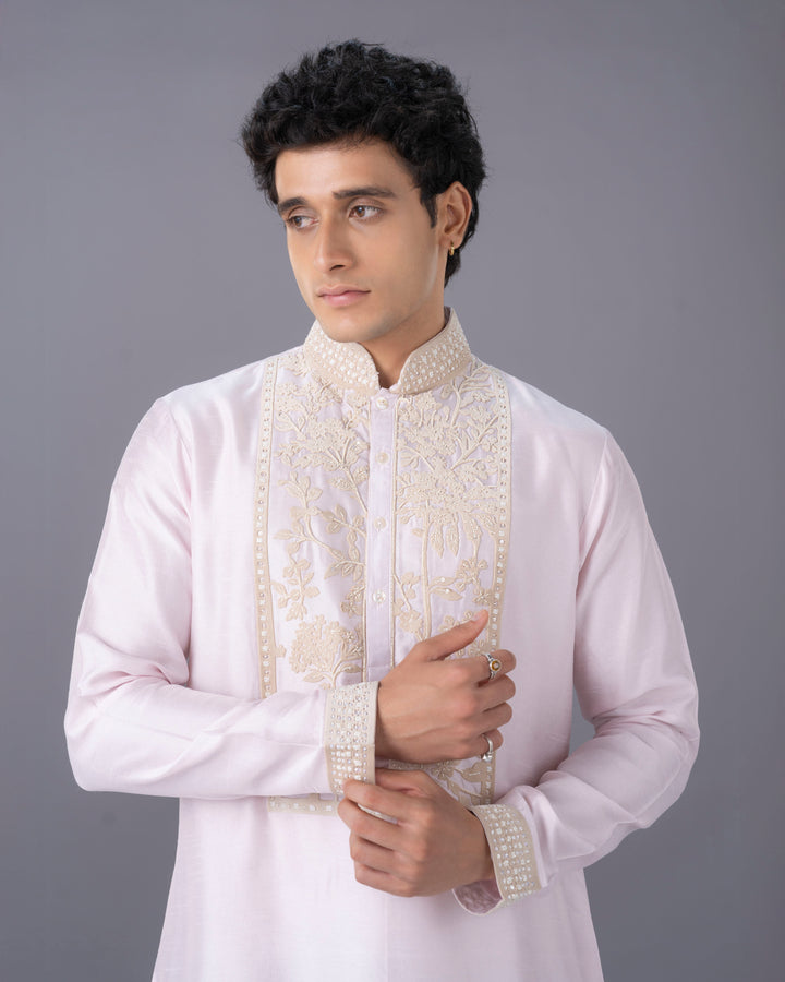 Pink Embroidered Silk Kurta Set with Alighari