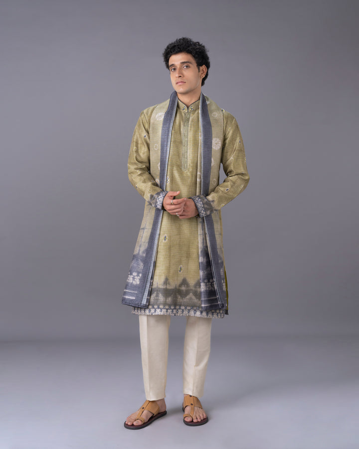 Radiant Green Silk Kurta Set with Alighari & Dupatta