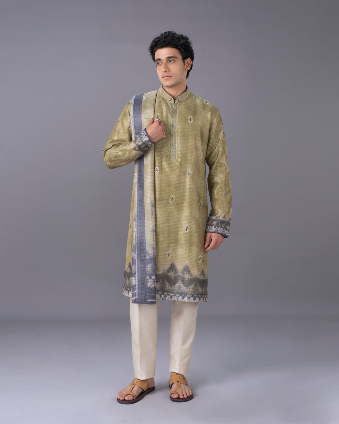 Radiant Green Silk Kurta Set with Alighari & Dupatta