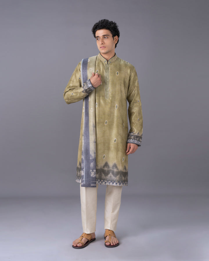 Radiant Green Silk Kurta Set with Alighari & Dupatta