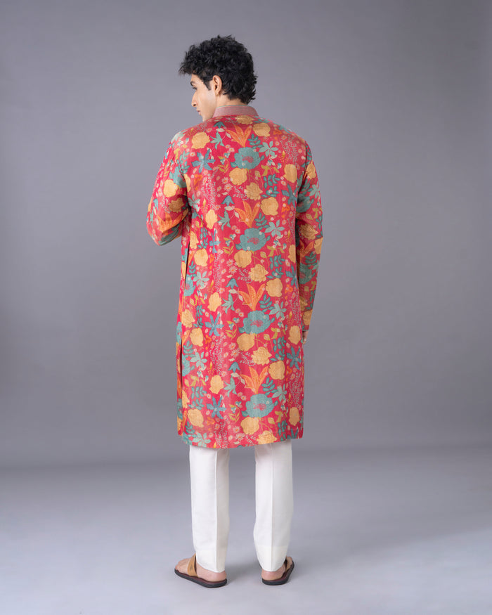 Pink Floral Printed Silk Kurta Set