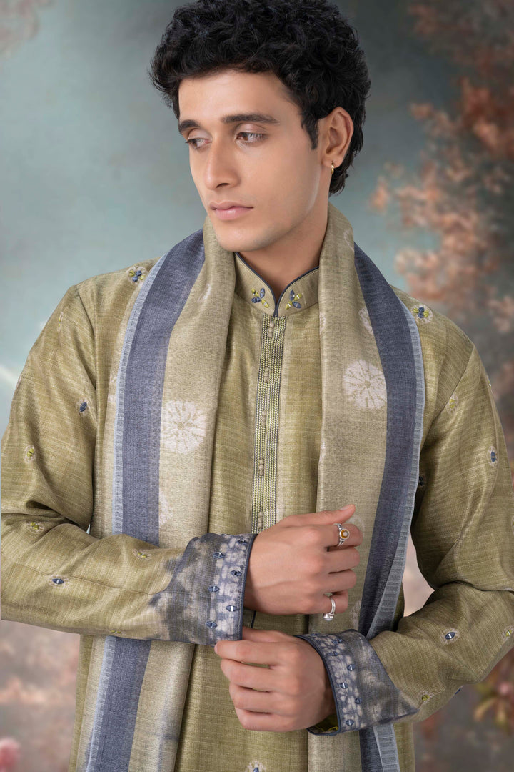 Radiant Green Silk Kurta Set with Alighari & Dupatta