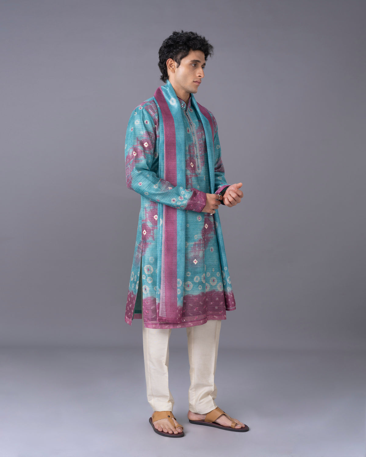 Aqua Silk Kurta Set with Print & Embroidery