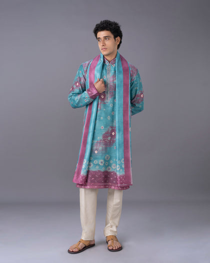 Aqua Silk Kurta Set with Print & Embroidery