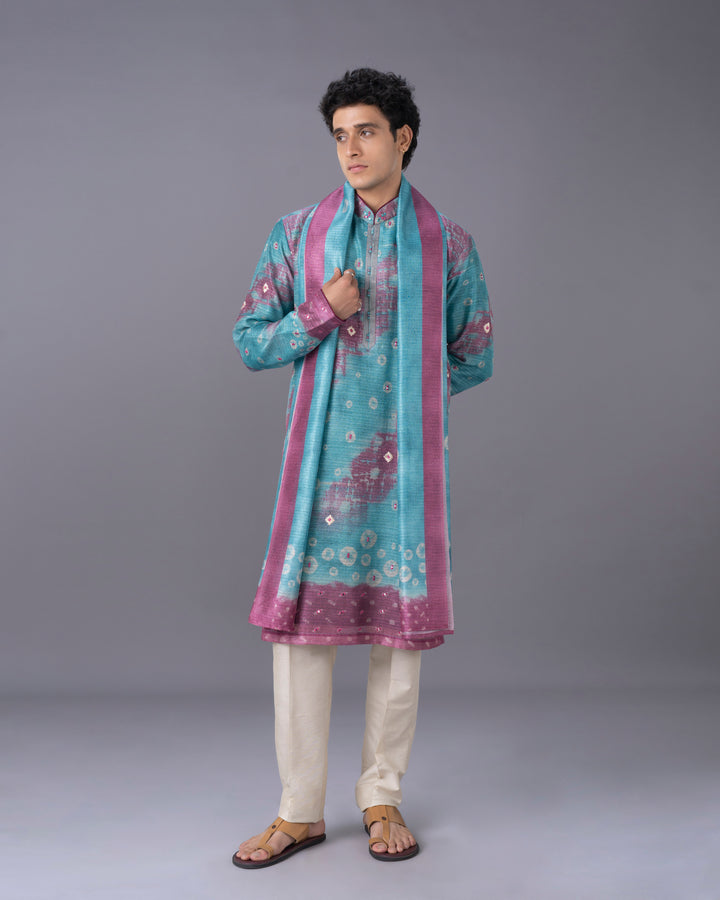 Aqua Silk Kurta Set with Print & Embroidery