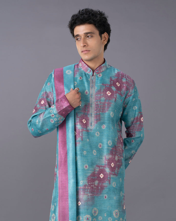 Aqua Silk Kurta Set with Print & Embroidery