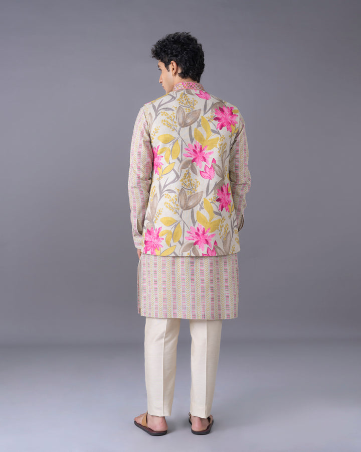 Natural Silk Kurta Jacket  Set with Alighari Bottom