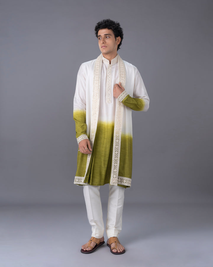 Cream & Green Ombre Silk Kurta Set with Embroidery