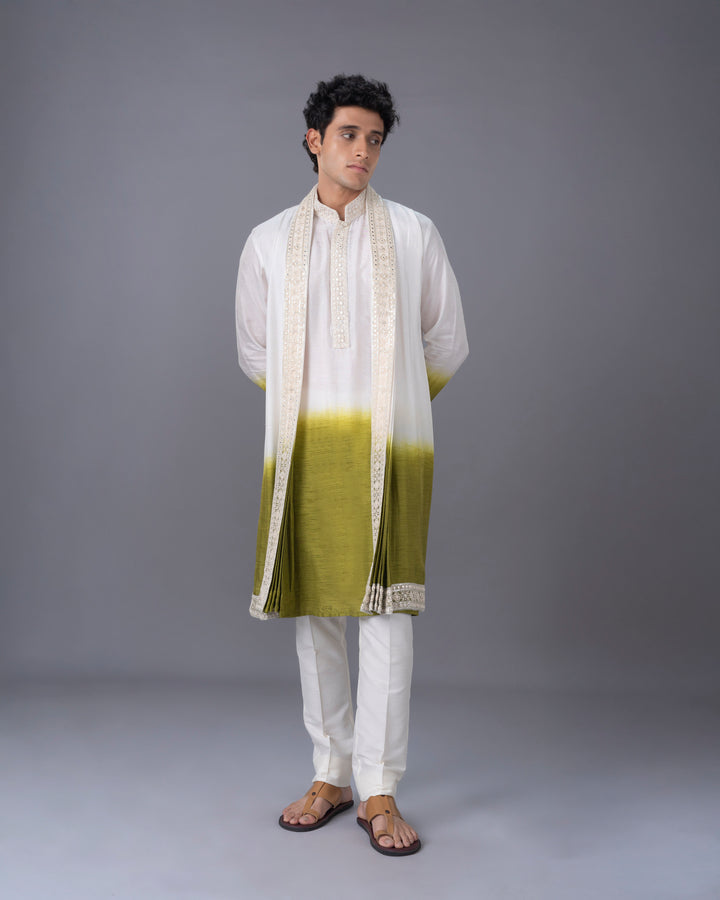 Cream & Green Ombre Silk Kurta Set with Embroidery
