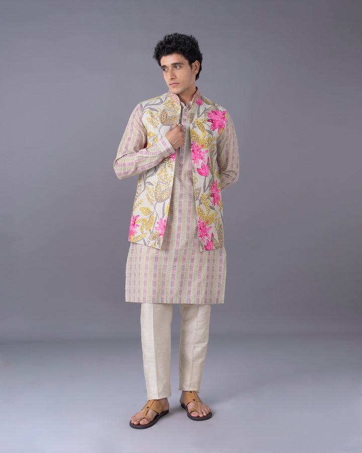 Natural Silk Kurta Jacket  Set with Alighari Bottom