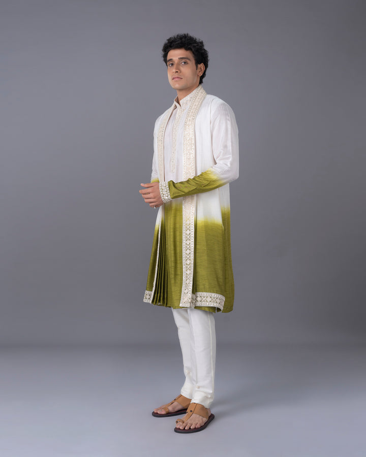 Cream & Green Ombre Silk Kurta Set with Embroidery