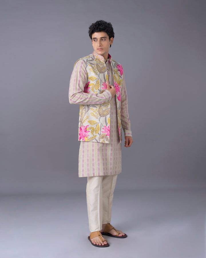 Natural Silk Kurta Jacket  Set with Alighari Bottom
