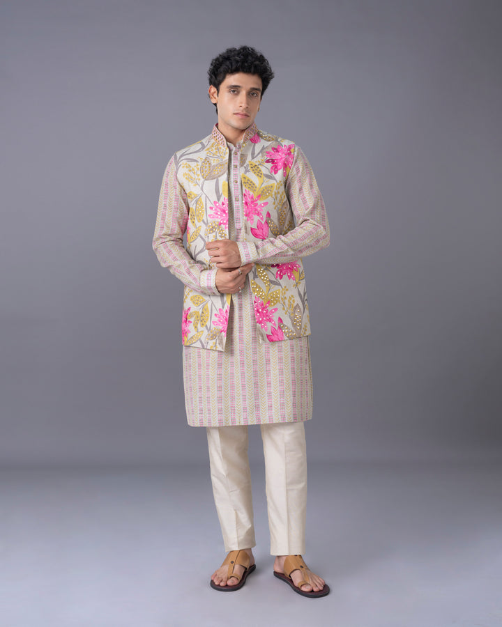 Natural Silk Kurta Jacket  Set with Alighari Bottom