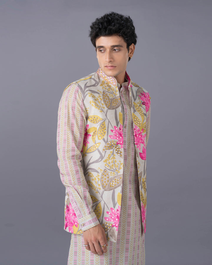 Natural Silk Kurta Jacket  Set with Alighari Bottom