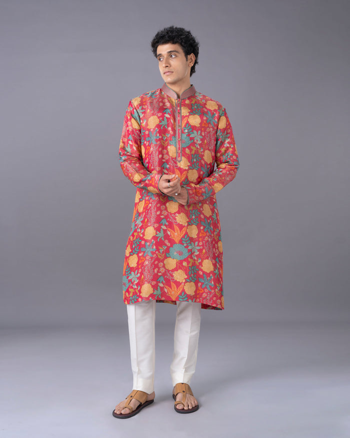 Pink Floral Printed Silk Kurta Set
