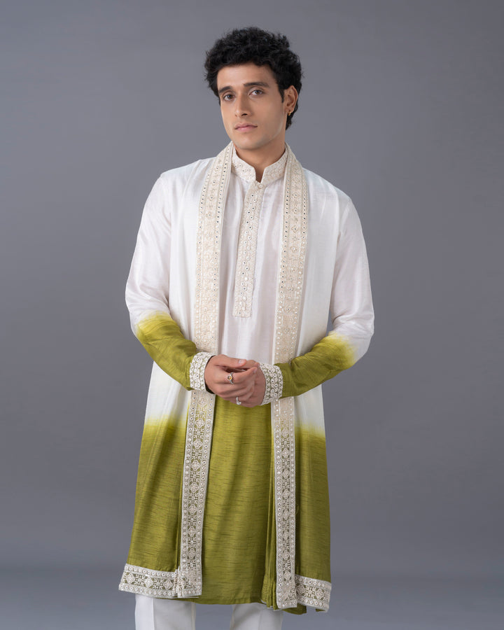 Cream & Green Ombre Silk Kurta Set with Embroidery