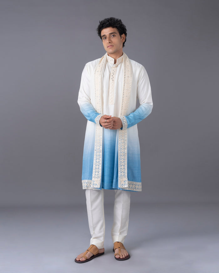 Cream & Blue Ombre Silk Kurta Set with Embroidery