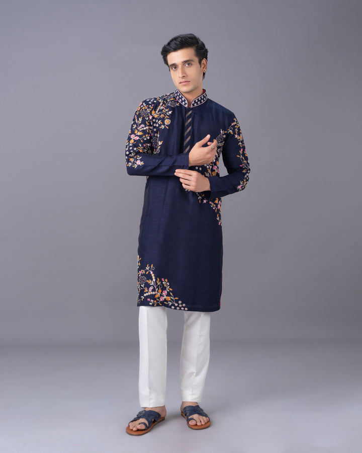 Crafted in Navy Silk Kurta Set