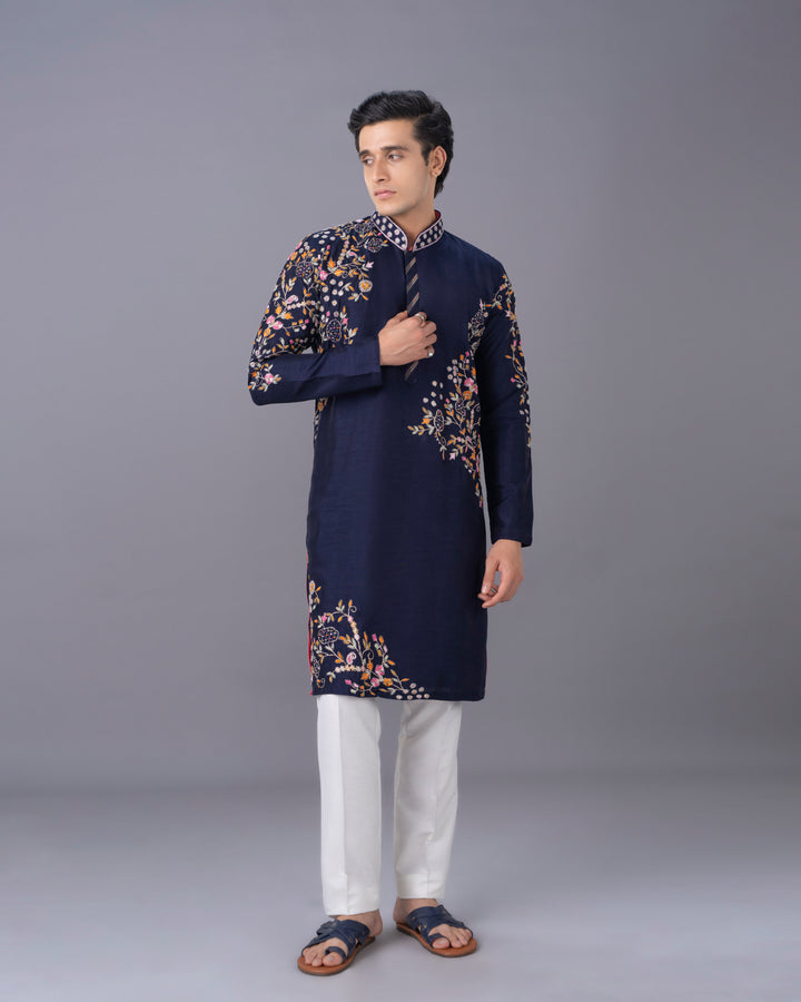 Crafted in Navy Silk Kurta Set