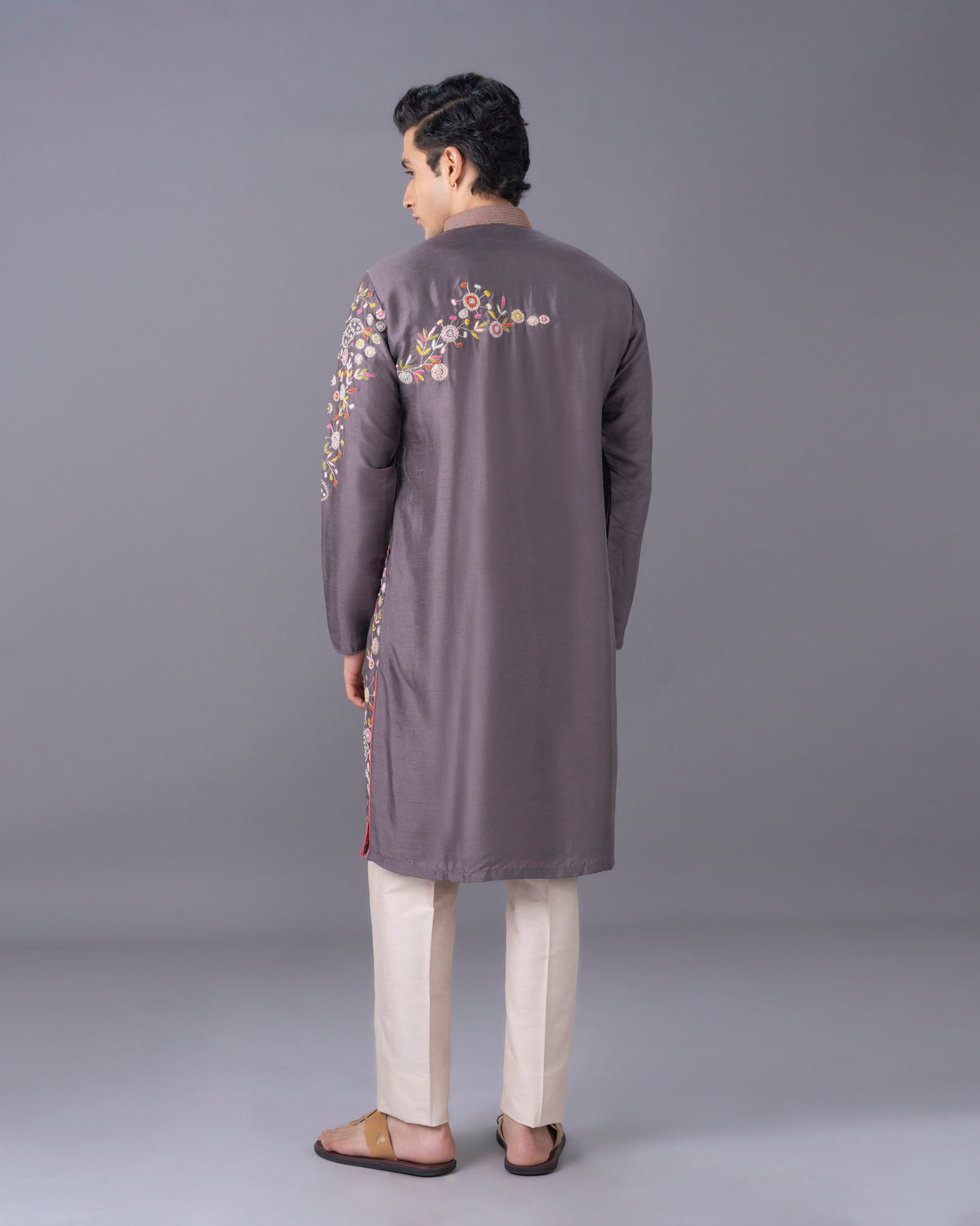 Grey Silk Kurta Set with Print & Embroidery