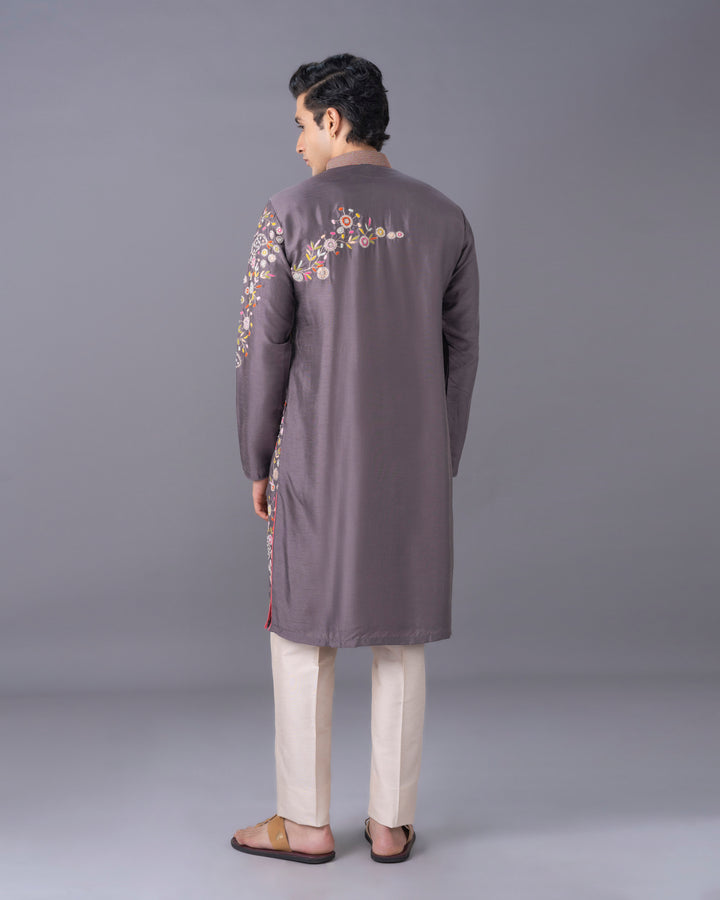 Grey Silk Kurta Set with Print & Embroidery