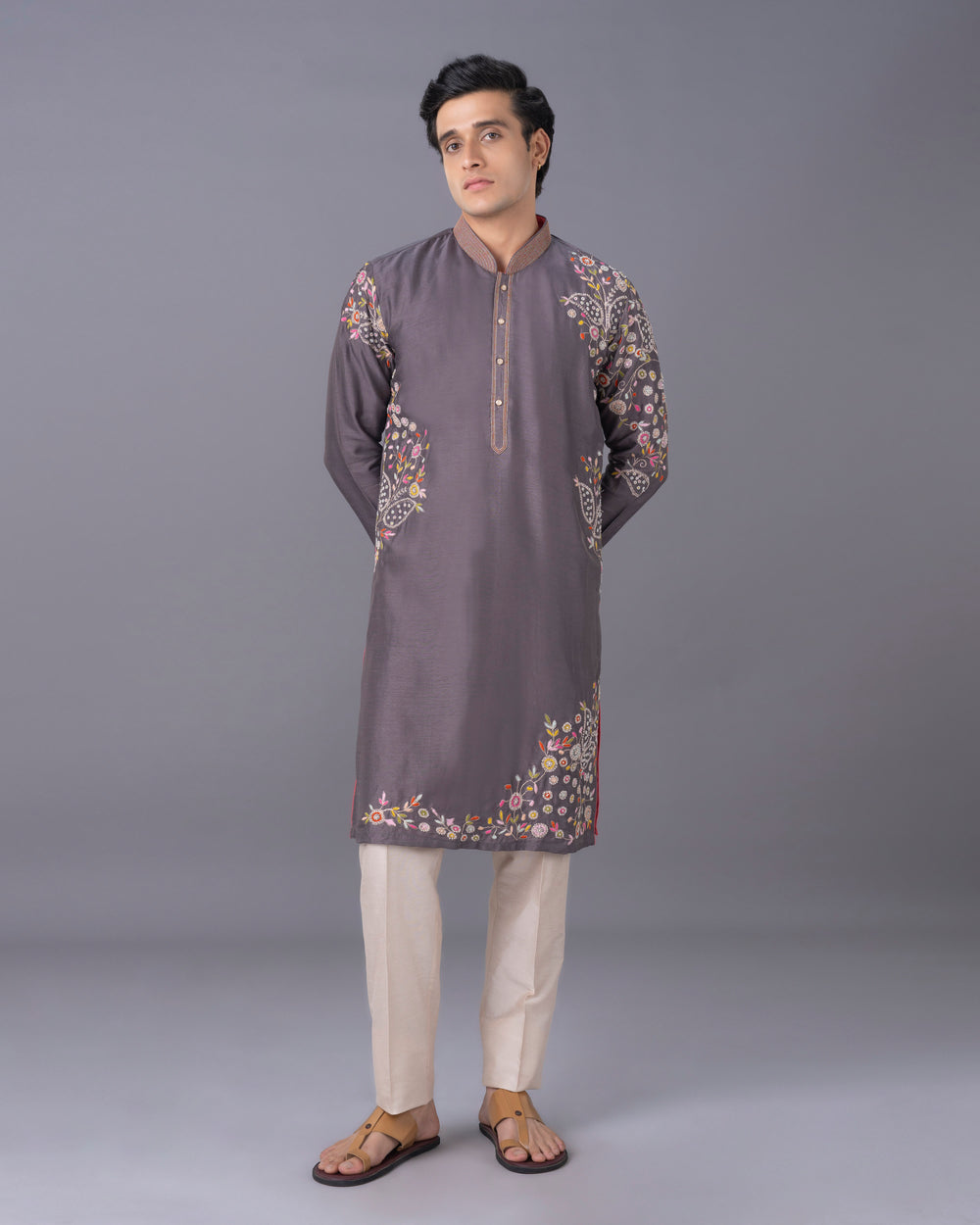 Grey Silk Kurta Set with Print & Embroidery