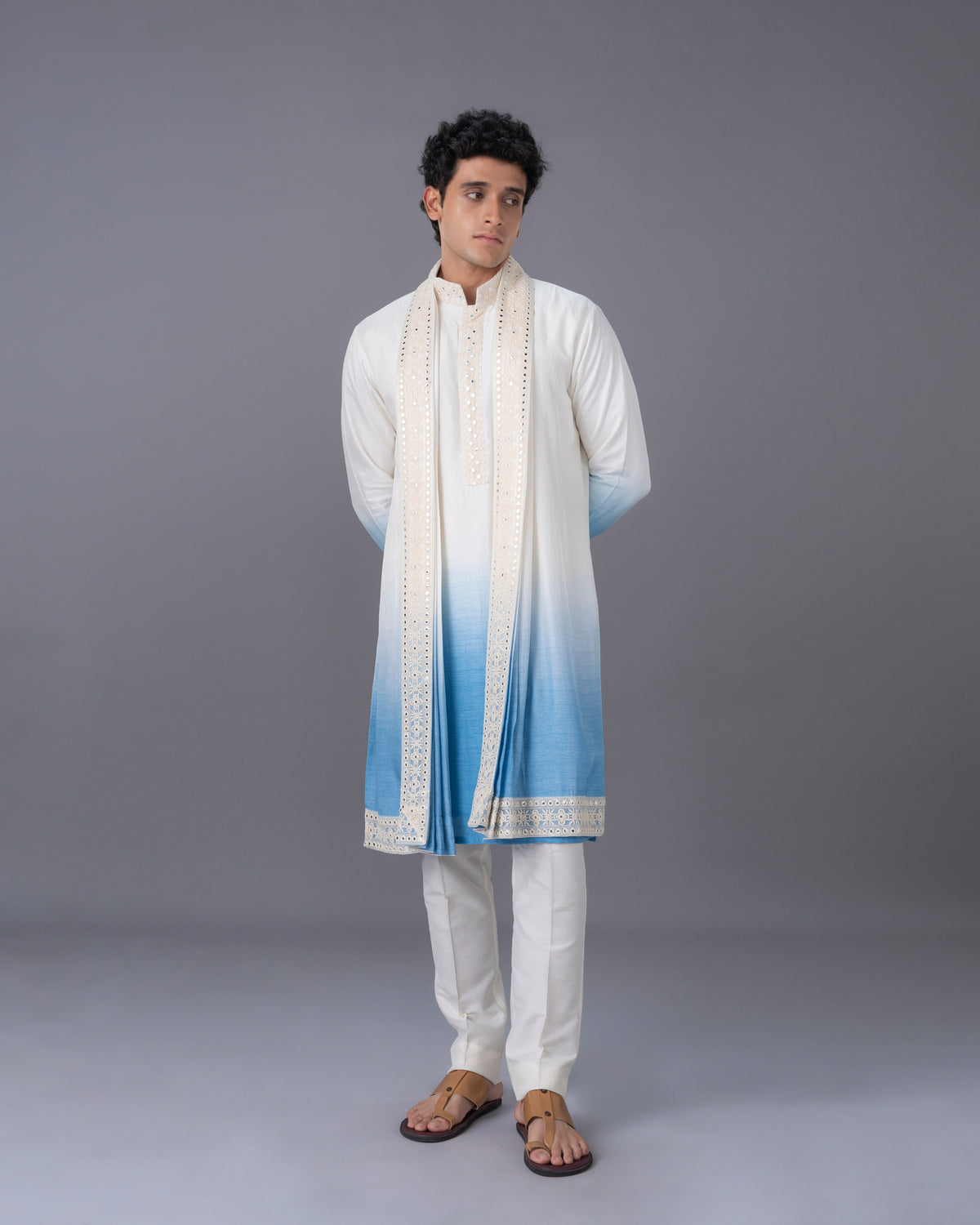 Cream & Blue Ombre Silk Kurta Set with Embroidery