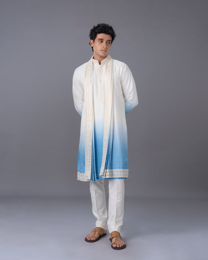 Cream & Blue Ombre Silk Kurta Set with Embroidery