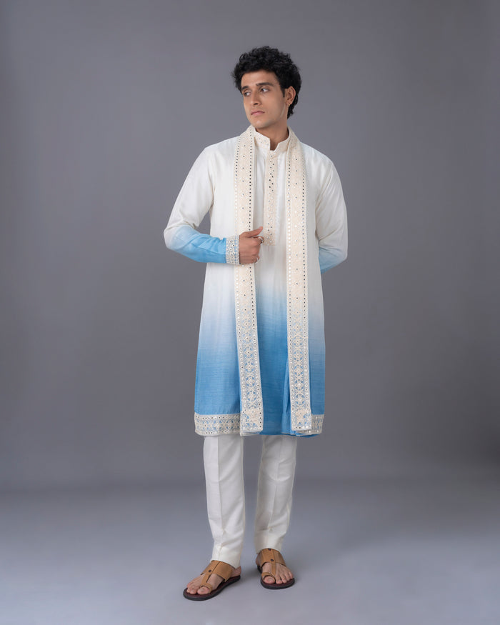 Cream & Blue Ombre Silk Kurta Set with Embroidery